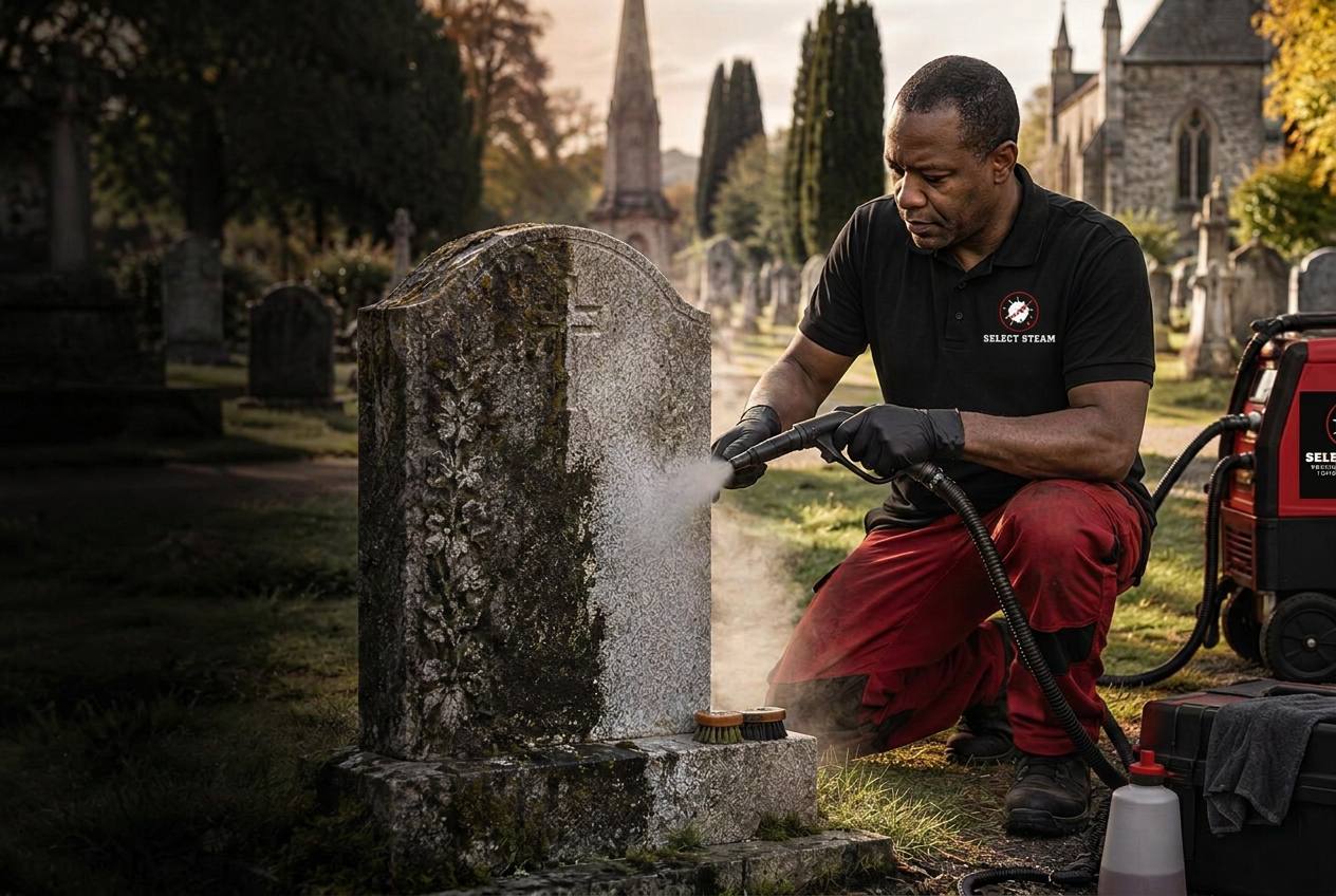 Select Steam team respectfully cleaning a cemetery monument