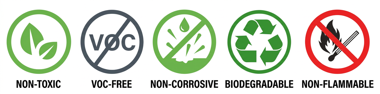 Non-toxic, VOC-free, non-corrosive, biodegradable and non-flammable product qualities